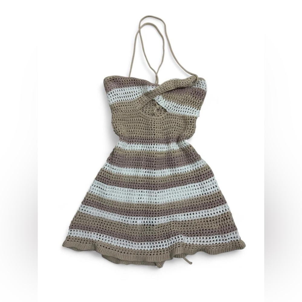 SHEIN Crochet Striped Halter Dress in Taupe, Beige & White